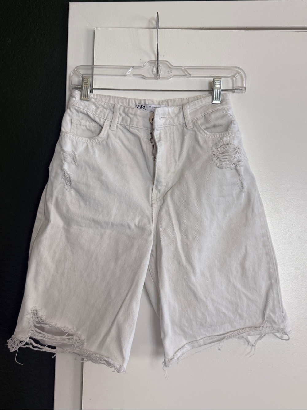 Zara White Distressed Bermuda Jean Shorts